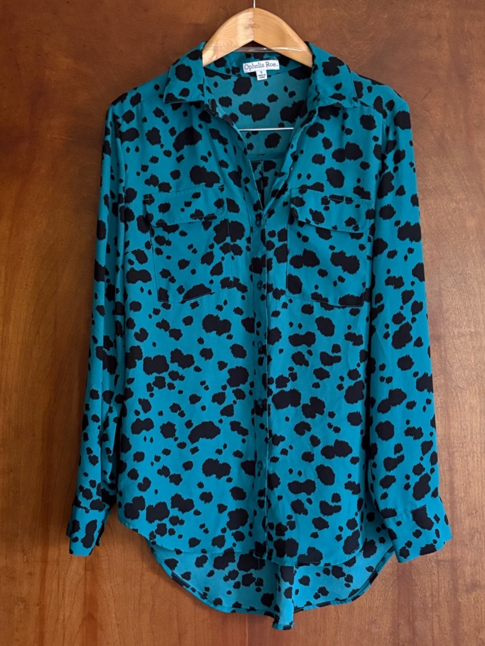 Ophelia Roe Teal Button-Down Shirt with Black Spot Print